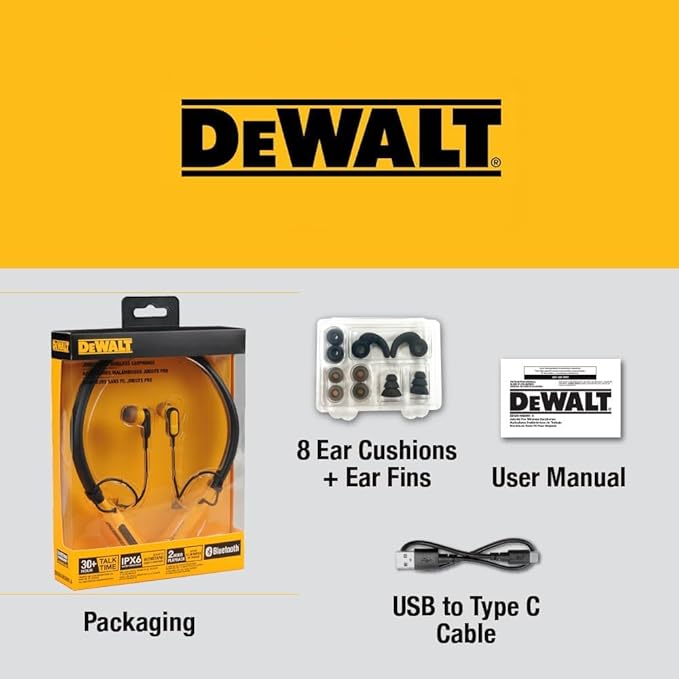 DEWALT Heavy Duty Bluetooth Neckband Headphones, Wireless Around The Neck Earbuds w/ 30H Runtime + Noise Isolation, Secure Magnetic Wireless Earbuds, Jobsite Pro Built-in Mic Bluetooth Headsets