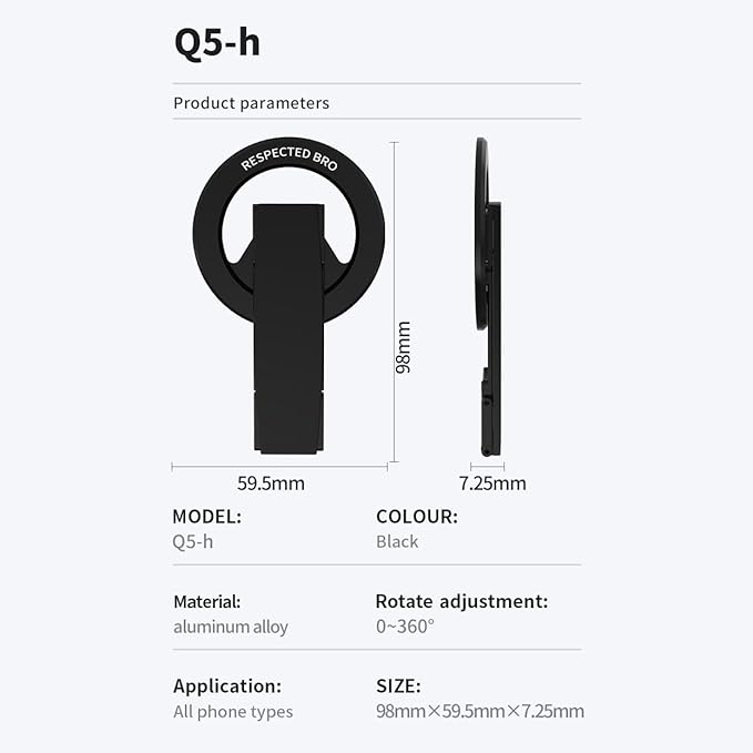 Magnetic-Phone-Grip-Stand, Magnetic Phone Ring Holder Kickstand with Silicone Finger Strap, Compatibility for iPhones, Androids, and More (Black)