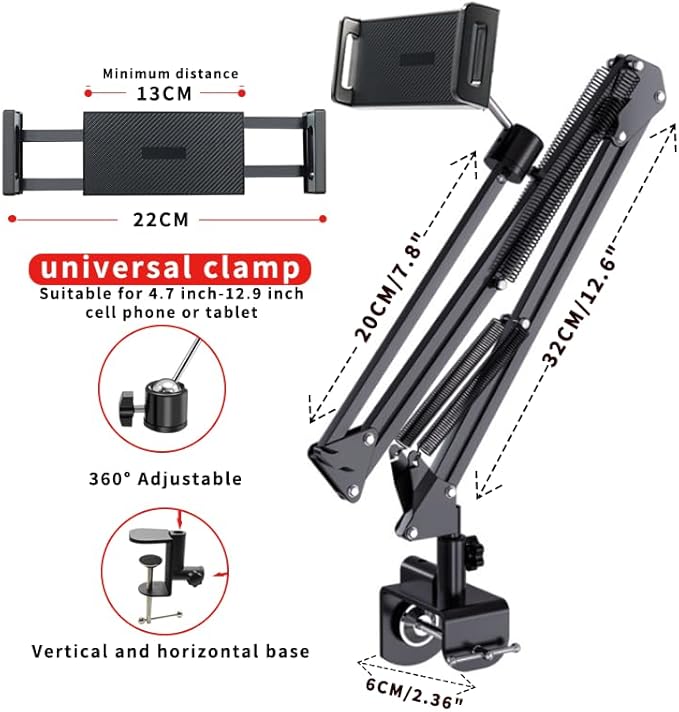 Tablet Stand Holder for Bed,White Folding Tablet Holder for Desk,Flexible Tablet Arm Clamp Compatible with iPad/iPhone15/iPad Pro/N-Switch,Kindle Fire,or Others 4.5~12.9 Inch