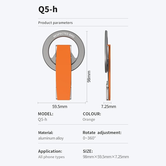 Magnetic-Phone-Grip-Stand, Magnetic Phone Ring Holder Kickstand with Silicone Finger Strap, Compatibility for iPhones, Androids, and More (Orange)