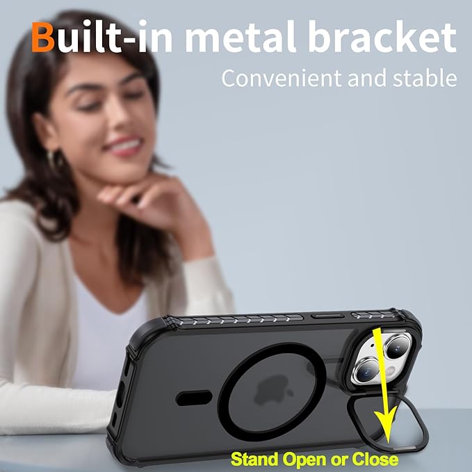 Magnetic for iPhone 15 Plus Case/iPhone 14 Plus Case Black with MagSafe Wireless Charging Military-Grade Shockproof Protection Adjustable Kickstand Slim Matte Anti-Fingerprint Cover Men Women