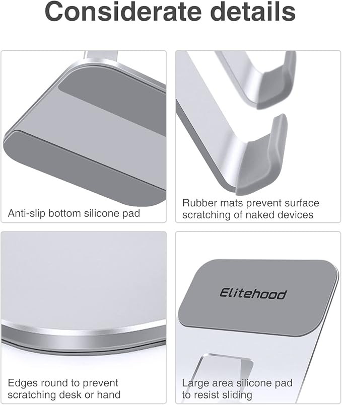 Elitehood Aluminum iPad Stand, Adjustable Holder for Desk, Desktop Tablet Dock for iPad Pro 12.9 11, Air Mini 4 5 and More 4-13.5 Inches Tablets, Silver