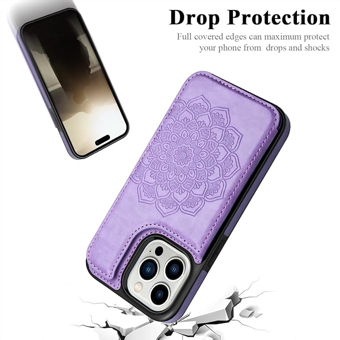 MMHUO for iPhone 15 Pro Case with Card Holder,Flower Magnetic Buttons Protective Wallet Case for Women for iPhone 15 Pro,Purple