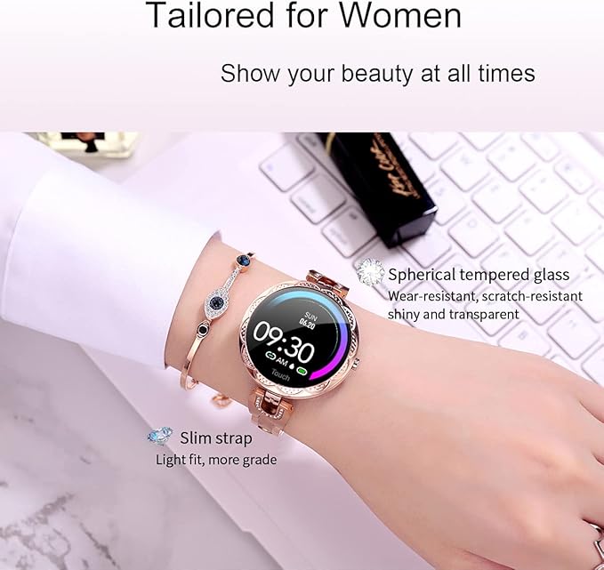 Smartwatch for Women Compatible for iPhone Samsung Android iOS Phones. Smart Bracelet with Female Menstrual Cycle Heart Rate Blood Pressure Remote Photography Waterproof Pedometer (Gold)