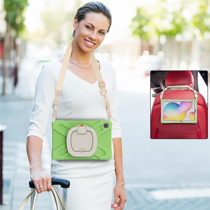 360 Rotation Case for Samsung Galaxy Tab S6 Lite 10.4" Sturdy Cover Rotate Ring Stand Shoulder Carrying Strap Hand Strap Rugged Children Adults Outdoor Case (LightGreen)