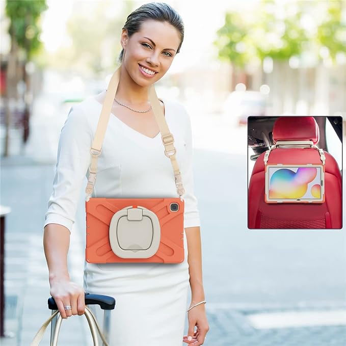 360 Rotation Case for Samsung Galaxy Tab S6 Lite 10.4" Sturdy Cover Rotate Ring Stand Shoulder Carrying Strap Hand Strap Rugged Children Adults Outdoor Case (Orange)
