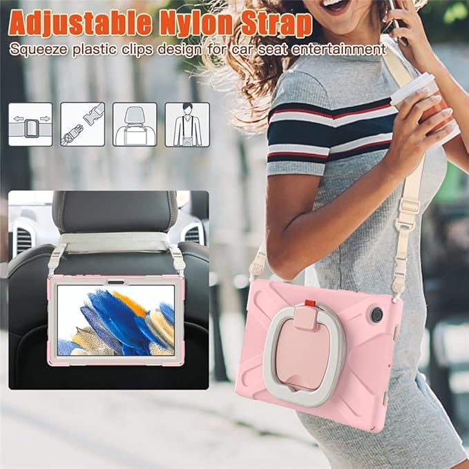 360 Rotation Case for Samsung Galaxy Tab A8 10.5" Sturdy Cover Rotate Ring Stand Shoulder Carrying Strap Hand Strap Rugged Children Adults Outdoor Case, Pink