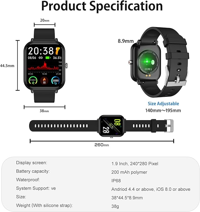 Smart Watch for Men Women, Fitness Tracker, 1.9" Smartwatches, 24 Sports Modes, Heart Rate/Sleep Monitor/Pedometer/Spo2/Step Counter, IP68 Waterproof, Ultra Thin, Long-Lasting Battery for Android iOS