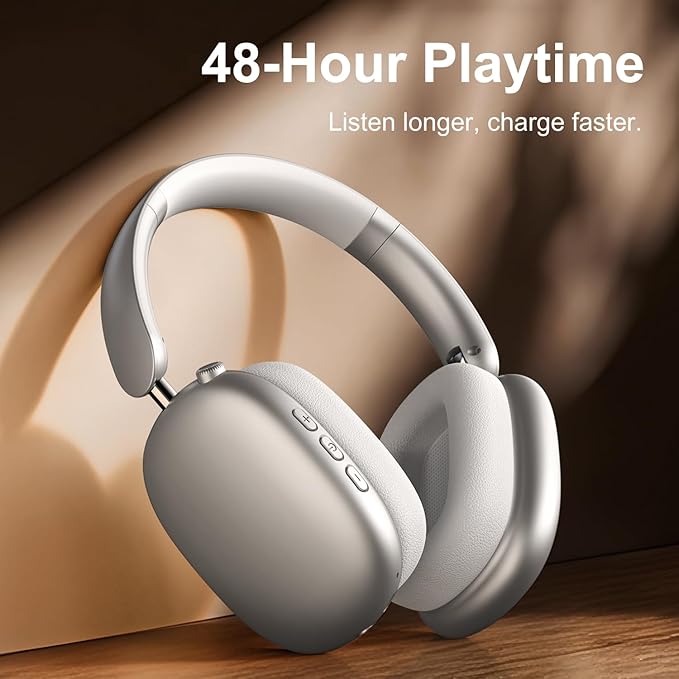 Y01 Wireless Over Ear Headphones, Noise Canceling Bluetooth 5.3 Headphones with Microphones,Hi-Res Audio,48H Playtime,Foldable,Breathable Soft Earpads for iOS/Android/Samsung/PC-Silver