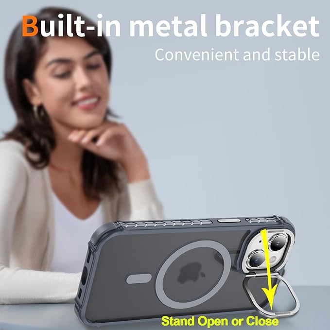 Magnetic for iPhone 15 Plus Case/iPhone 14 Plus Case Gray with MagSafe Wireless Charging Military-Grade Shockproof Protection Adjustable Kickstand Slim Matte Anti-Fingerprint Cover Men Women