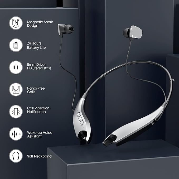 Neckband Bluetooth Headphones, Around The Neck Headphones 24H+ Playtime, Bluetooth Headsets with Call Vibration, Shark Jaw Design Wireless Earbuds+Noise Isolation/Mic/IPX7 Waterproof, Silver