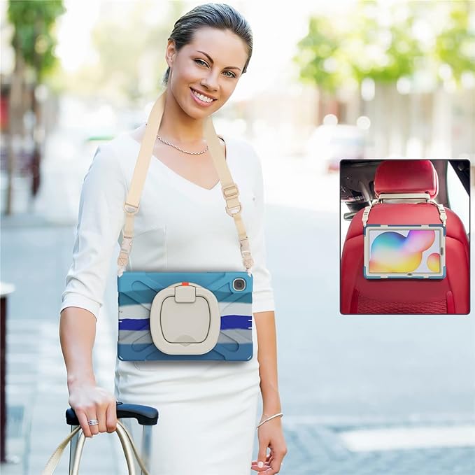 360 Rotation Case for Samsung Galaxy Tab S6 Lite 10.4" Sturdy Cover Rotate Ring Stand Shoulder Carrying Strap Hand Strap Rugged Children Adults Outdoor Case (Colourful Blue)