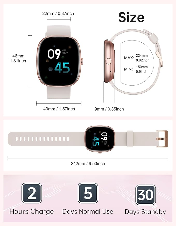 HUAKUA Smart Watches for Women Men (Answer/Make Calls), 1,85" HD Smart Watch for iPhone/Android Phones, Fitness Tracker with 100+ Sport Heart Rate/Sleep Monitor Pedometer IP68 Waterproof (Cream)