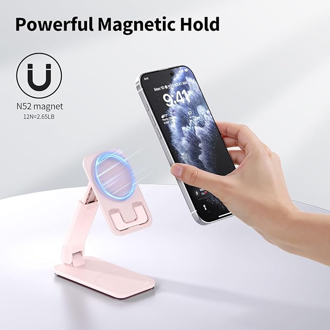 iWALK Magnetic Cell Phone Stand for Desk, Angle and Height Adjustable Mobile Phone Holder, Foldable Magnet Stand for iPhone 16 15 14 13 12 Pro Max and iPad, Cell Phone Holder for Samsung Galaxy, Pink
