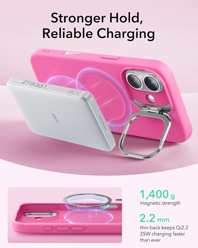 ESR Silicone Case for iPhone 17, Built-in Camera Stash Stand Compatible with MagSafe, Military-Grade Drop Protection Magnetic Phone Case for iPhone 17, Cloud Series, Rosy Pink