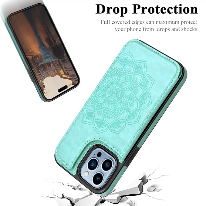 MMHUO for iPhone 15 Pro Max Case with Card Holder,Flower Magnetic Buttons Protective Wallet Case for Women for iPhone 15 Pro Max,Mint