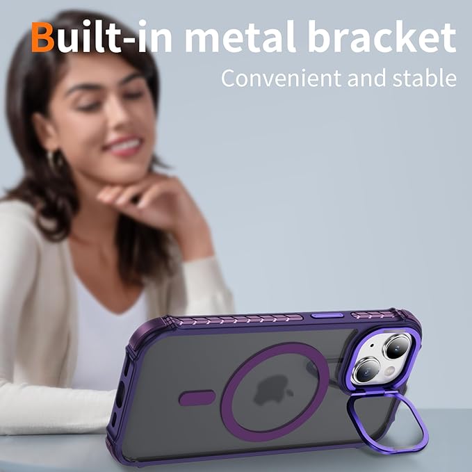 Magnetic for iPhone 15 Case Purple with MagSafe Wireless Charging Heavy Duty Military-Grade Shockproof Protection Adjustable Kickstand Slim Matte Anti-Fingerprint Cover Men Women
