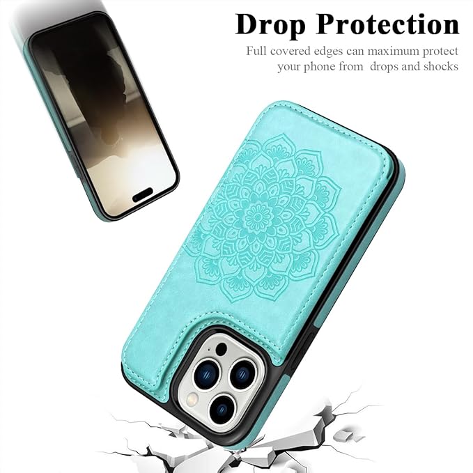 MMHUO for iPhone 15 Pro Case with Card Holder,Flower Magnetic Buttons Protective Wallet Case for Women for iPhone 15 Pro,Mint
