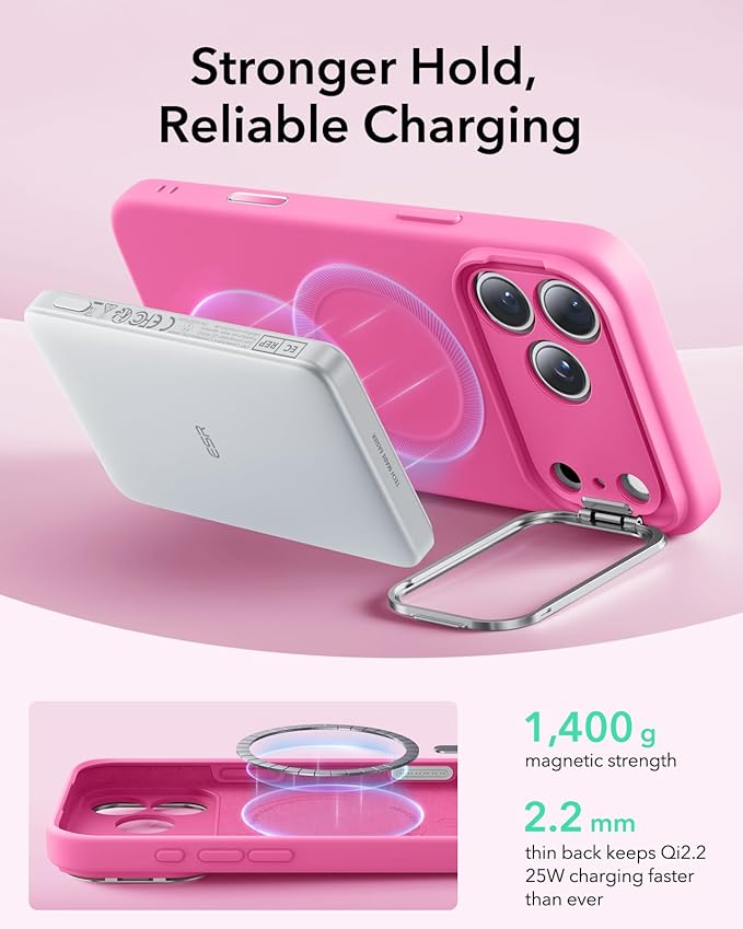 ESR Silicone Case for iPhone 17 Pro, Built-in Camera Stash Stand Compatible with MagSafe, Military-Grade Drop Protection Magnetic Phone Case for iPhone 17 Pro, Cloud Series, Rosy Pink