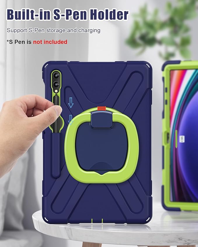 BRAECN Case for Samsung Galaxy Tab S10+/S9 FE+/S9+/S8+/S7 FE/S7+ 12.4”, Rugged Silicone Cover w/S Pen Holder, Screen Protector, Handle Grip/Stand, Shoulder Strap for Galaxy Tab S9 FE Plus, Navy Green