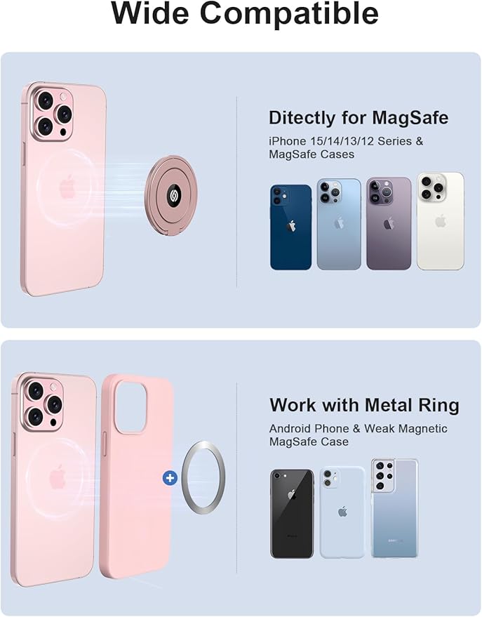 EWA MagOne Ultra (Plate Edition) Phone Grip Stand with Leather Finger Strap, Removable Magnetic Ring Holder Kickstand Loop, Double-Sided Magnetic Accessories for Phone-Rosegold