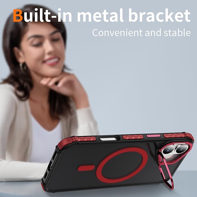 Magnetic for iPhone 16 Plus Case Red with MagSafe Wireless Charging Heavy Duty Military-Grade Shockproof Protection Adjustable Kickstand Slim Matte Anti-Fingerprint Cover Men Women