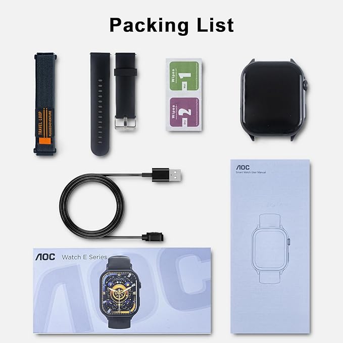 AOC Smartwatch Fitness Sports Watch E09, AI GPT Bluetooth Call, Voice Assistant, AMOLED 1.96 Touchscreen, Heart Rate & Sleep Monitoring, IP67 Waterproof Sports Modes Smart Watch, Black