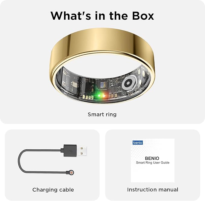 BENIO Ring Gen 2 Smart Ring, Step/Sleep/Blood Oxygen/Heart Rate Tracker for Women Men, Higher Waterproof Rating 5ATM Fitness Tracker,No Subscription Fee,for iPhone and Android (Size 13, Gold)