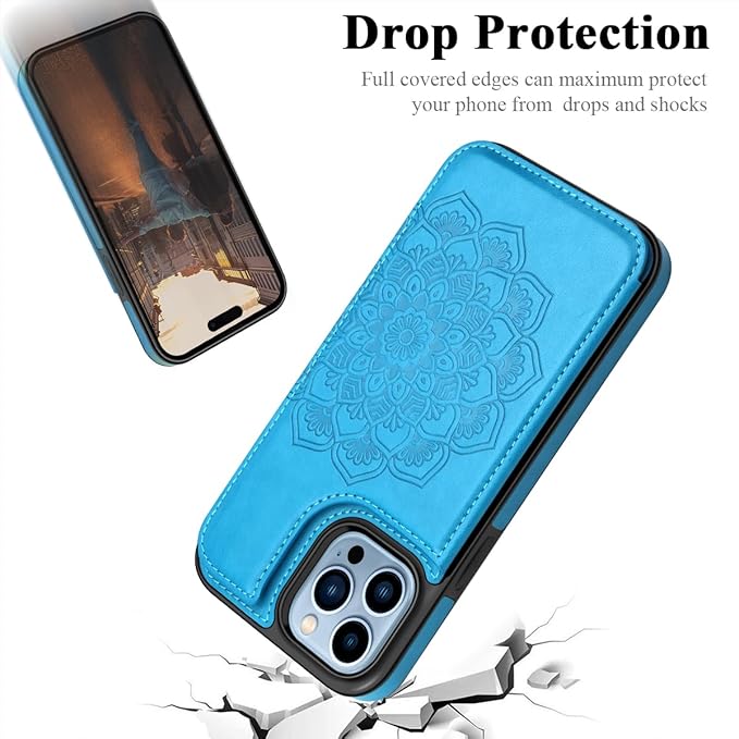 MMHUO for iPhone 15 Pro Max Case with Card Holder,Flower Magnetic Buttons Protective Wallet Case for Women for iPhone 15 Pro Max,Blue