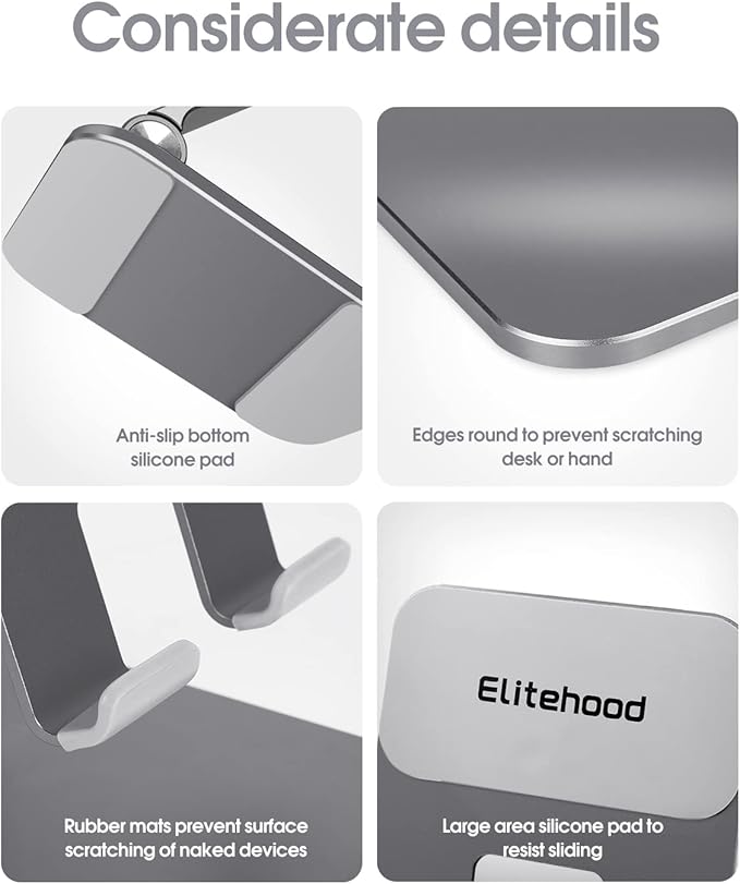 elitehood Aluminum iPad Stand, Adjustable iPad Stand Holder for Desk, Desktop Tablet Stand Dock for iPad Pro 12.9 11 Air Mini 4 5 and More 4-13 inches Tablets, Gray