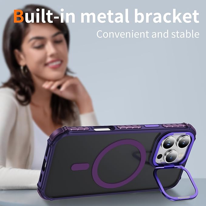 Magnetic for iPhone 16 Pro Case Purple with MagSafe Wireless Charging Heavy Duty Military-Grade Shockproof Protection Adjustable Kickstand Slim Matte Anti-Fingerprint Cover Men Women