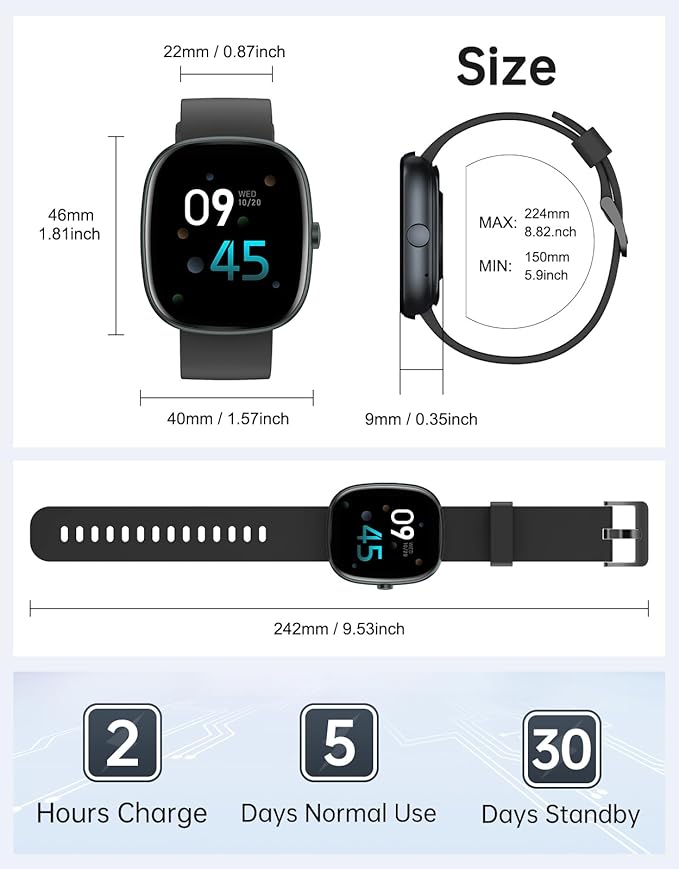 HUAKUA Smart Watches for Women Men (Answer/Make Calls), 1,85" HD Smart Watch for iPhone/Android Phones, Fitness Tracker with 100+ Sport Heart Rate/Sleep Monitor Pedometer IP68 Waterproof (Black)