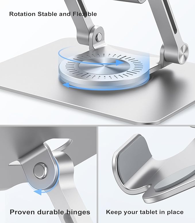 Tablet Stand Adjustable with 360° Swivel Base Aluminum Tablet Stand Holder for iPad/Samsung/iPad Pro Air Mini/Galaxy/Switch, Sliver