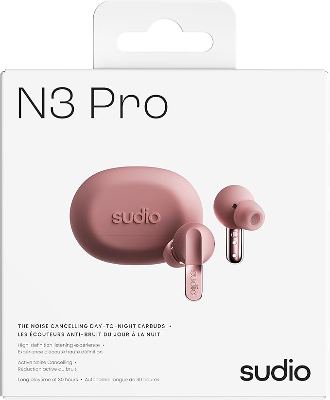 sudio N3 Pro Wireless Earbuds – Active Noise Cancelling (ANC), 30-Hour Playtime, Sweat & Splashproof, Eco-Friendly Design with Recycled Materials, Comfortable Fit, Premium Metallic Finish (Pink)