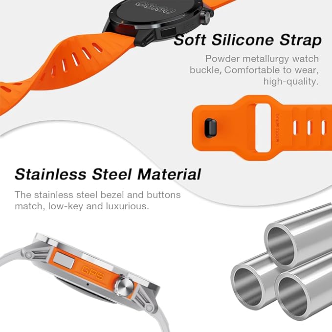 GPS Smart Watch for Men, 1.43'' AMOLED Smartwatch with Compass/Barometer/Altimeter, Heart Rate/Sleep Monitor, 30M Waterproof, 60+ Sports Fitness Tracker for Android/iOS, Gray & Orange (2 Bands)