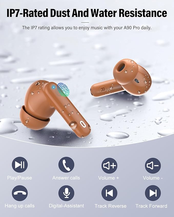 Wireless Earbuds, Bluetooth 5.4 Headphones Bass Stereo, Ear Buds with Noise Cancelling Mic, IP7 Waterproof in Ear Earphones, 36H LED Display Bluetooth Earbuds for Laptop Pad Phones Sports, Brown