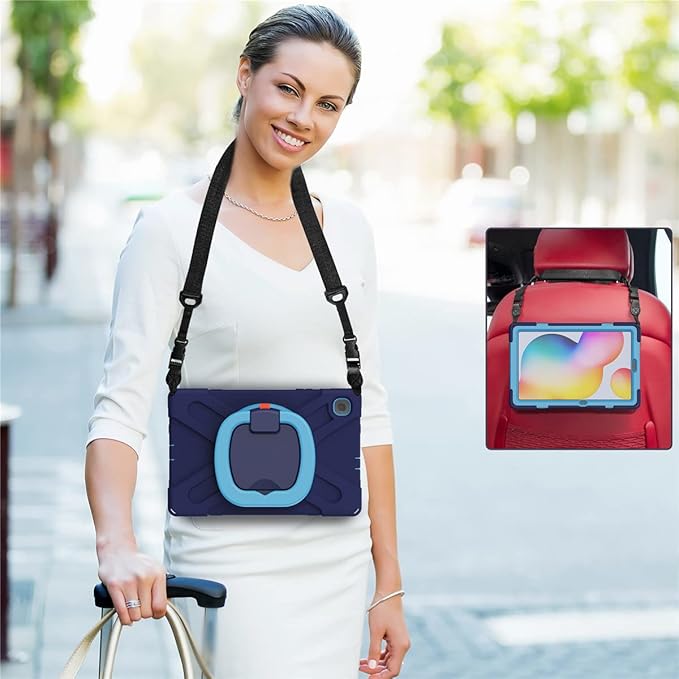 360 Rotation Case for Samsung Galaxy Tab S6 Lite 10.4" Sturdy Cover Rotate Ring Stand Shoulder Carrying Strap Hand Strap Rugged Children Adults Outdoor Case (Navy+Blue)