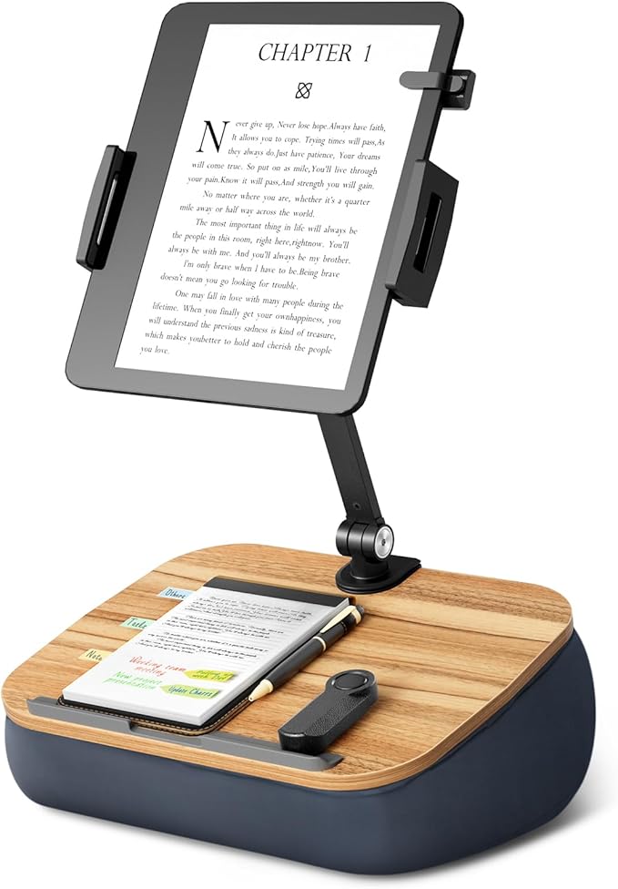 Lap Beanbag Cozy Kindle Pillow Stand for Bed with Adjustable Arm, 360° Tablet Holder, Fits 4.7"-13" Kindle, iPad, Phone, Lap Desk for Hands Free Reading in Bed, Couch, Sofa,Gray