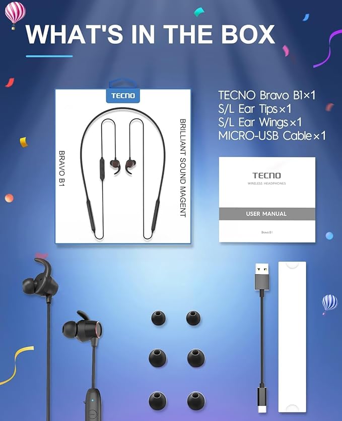 Tecno B1 Bluetooth Headphones, Bluetooth Earbuds Wireless with 60Hrs Playtime, Wireless Bluetooth Headphones for Sports, Sweatproof & IPX5 Waterproof Wireless Headphones(Black)