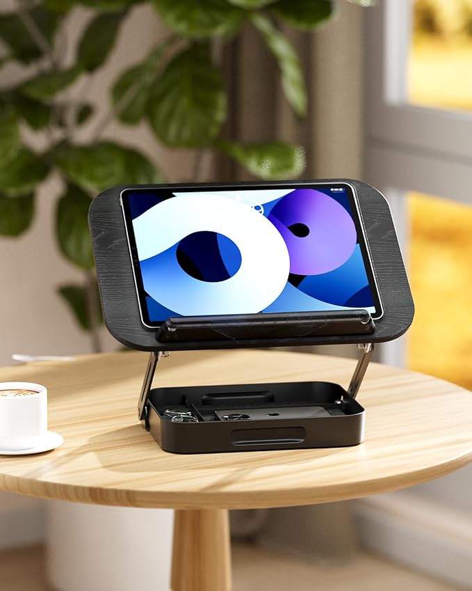 Adjustable Book Stand for Reading with Storage – 360° Rotating Base, Height Adjustable, Extra-Wide Page Clips for Thick Books – Portable Desk Book Holder for Study, Bed, Office, Kitchen (Black)