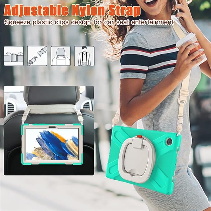 Galaxy Tab A8 10.5" Case 360 Rotation Sturdy Cover Rotate Ring Stand Shoulder Carrying Strap Hand Strap Rugged Children Adults Outdoor Case, MintGreen