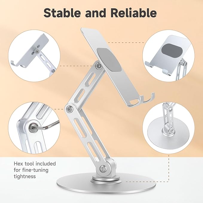 Foldable Swivel Phone Stand for Desk with Adjustable Height up to 6.7inch/17cm Sturdy 360° Rotating Desktop Holder for 4-12.9 Inch Cell Phones/Tablets, Aluminum Alloy/Carbon Steel Base