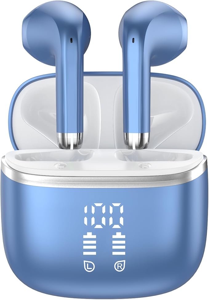 Wireless Earbuds, Bluetooth 5.3 Headphones with 4 ENC Noise Cancelling Mic, HiFi Stereo Deep Bass, IP7 Waterproof Earphones, 40H Playtime, Earbuds Dual LED Display, USB-C, Blue