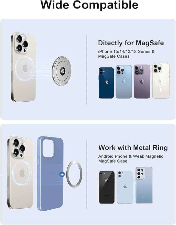 EWA MagOne Ultra (Plate Edition) Phone Grip Stand with Leather Finger Strap, Removable Magnetic Ring Holder Kickstand Loop, Double-Sided Magnetic Accessories for Phone-Silver