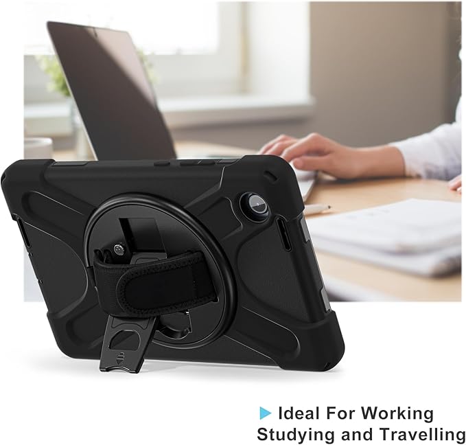 ProCase Rugged Case for Lenovo Tab One/K9 8.7 Inch 2025, Heavy Duty Shockproof Rugged Protective Cover Rotating Kickstand with Handle Holder Shoulder Strap for Lenovo Tab One/K9 -Black