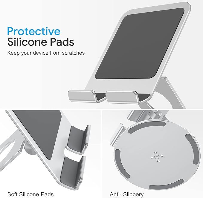 OMOTON Swivel Tablet Stand for iPad with 360 Rotating Base, Foldable Adjustable Holder for Drawing, Compatible with iPad Pro/Air/Mini and More, Silver