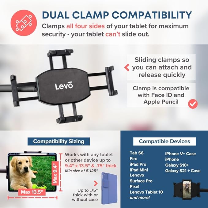 LEVO Deluxe Table Clamp for All Best Tablet PCs, iPads, iPad Mini, New iPad Pro, Galaxy, Nexus, Xoom, Surface Pro, Miix, Nook, Fire, and Other Tablets and e Readers Gunmetal Color - G2