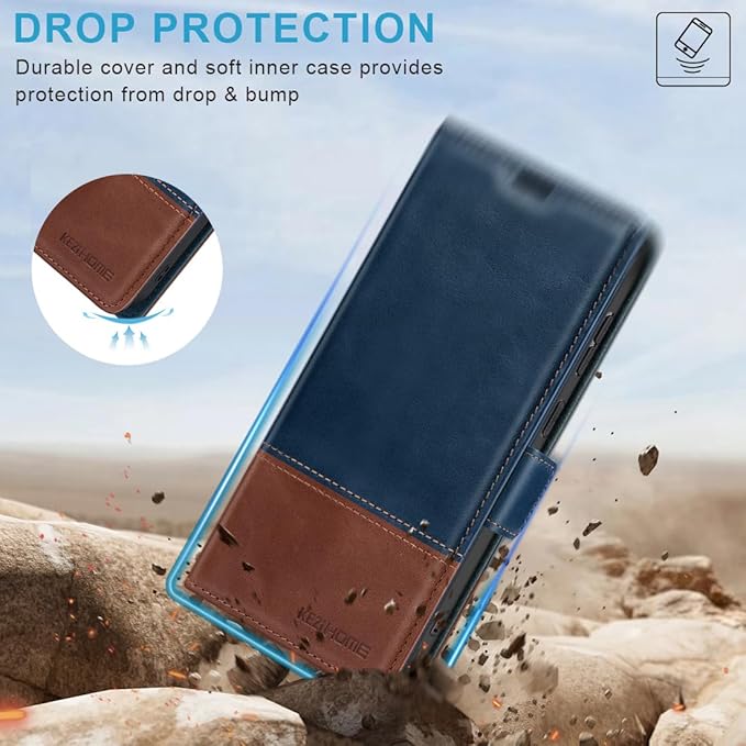 KEZiHOME for Samsung S24+ Plus 5G Case, Galaxy S24 Plus Wallet Case, Genuine Leather Flip Cover Stand RFID Blocking Card Holder Magnetic Compatible with Galaxy S24 Plus 5G (2024) (Royal Blue/Brown)