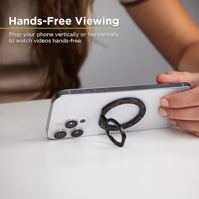 PureGear Magnetic Phone Grip Ring Stand, Magnetic Phone Ring Holder for MagSafe iPhone 16, 16Pro, 16Plus, 16ProMax, 15, 15Plus, 14, 14ProMax, 13, 12, Adjustable Kickstand(Brushed Black Glitter)