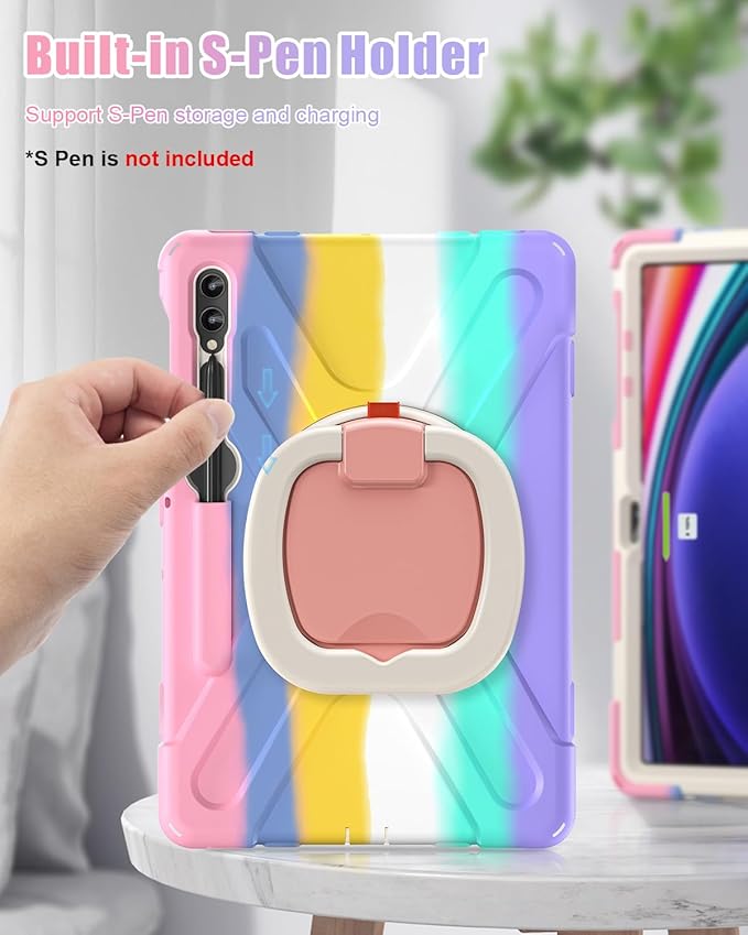 BRAECN Case for Samsung Galaxy Tab S10+/S9 FE+/S9+ 12.4 Inch 2024, Rugged Silicone Case w/S Pen Holder, Screen Protector, Handle Grip/Kickstand,Shoulder Strap for Galaxy Tab S10 Plus, Colorful Pink